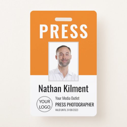 Journalist Press Pass Photo Name Logo ID Orange Badge