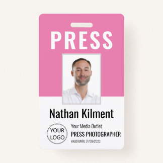 Journalist Press Pass Photo Name Logo ID Pink Badge