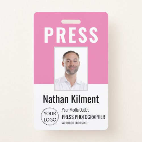 Journalist Press Pass Photo Name Logo ID Pink Badge