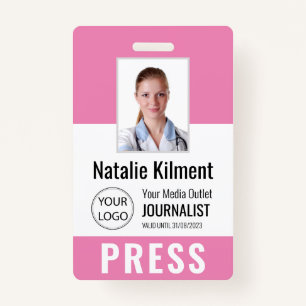Journalist Press Pass Photo Name Logo ID Pink Badge