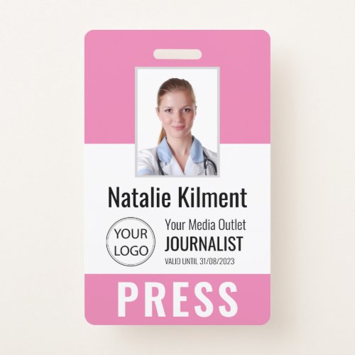 Journalist Press Pass Photo Name Logo ID Pink Badge