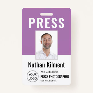 Journalist Press Pass Photo Name Logo ID Purple Badge