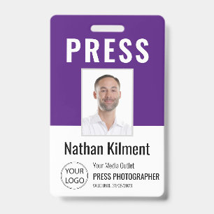 Journalist Press Pass Photo Name Logo ID Purple Badge