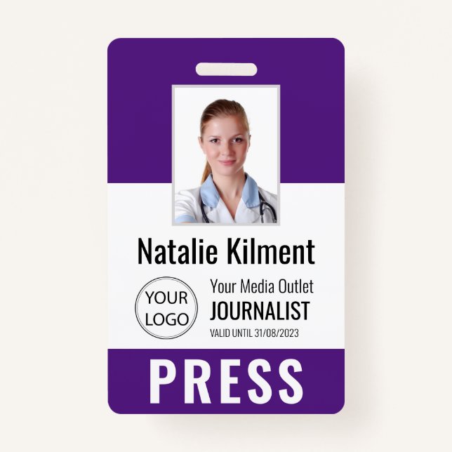 Journalist Press Pass Photo Name Logo ID Purple Badge (Front)