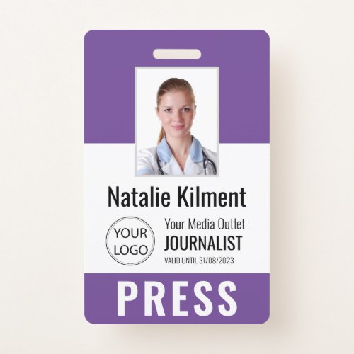 Journalist Press Pass Photo Name Logo ID Purple Badge