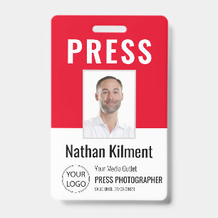 Journalist Press Pass Photo Name Logo ID Red Badge
