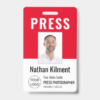 Journalist Press Pass Photo Name Logo ID Red Badge