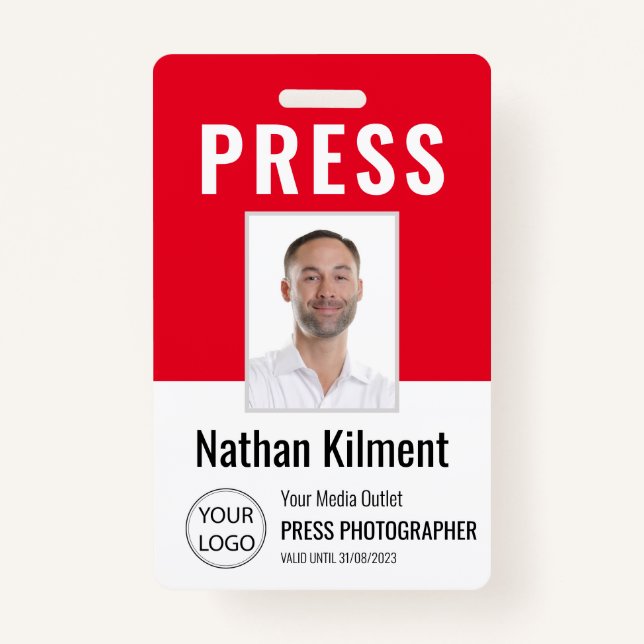 Journalist Press Pass Photo Name Logo ID Red Badge (Front)