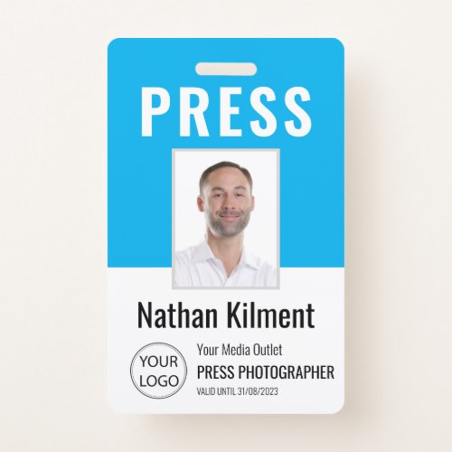 Journalist Press Pass Photo Name Logo ID Sky Blue Badge