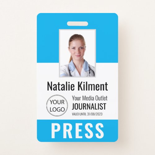 Journalist Press Pass Photo Name Logo ID Sky Blue Badge