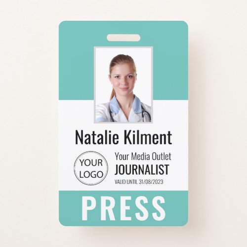 Journalist Press Pass Photo Name Logo ID Teal Badge