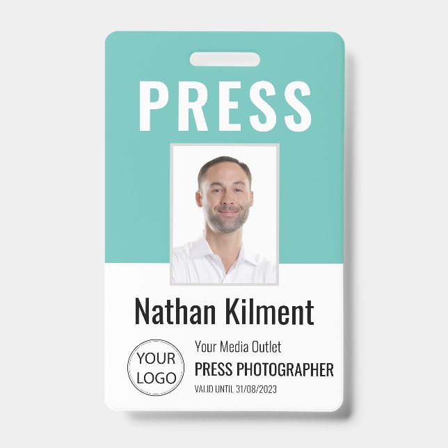 Journalist Press Pass Photo Name Logo ID Teal Badge (Front)