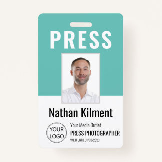 Journalist Press Pass Photo Name Logo ID Teal Badge