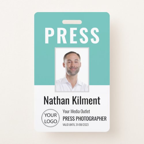 Journalist Press Pass Photo Name Logo ID Teal Badge