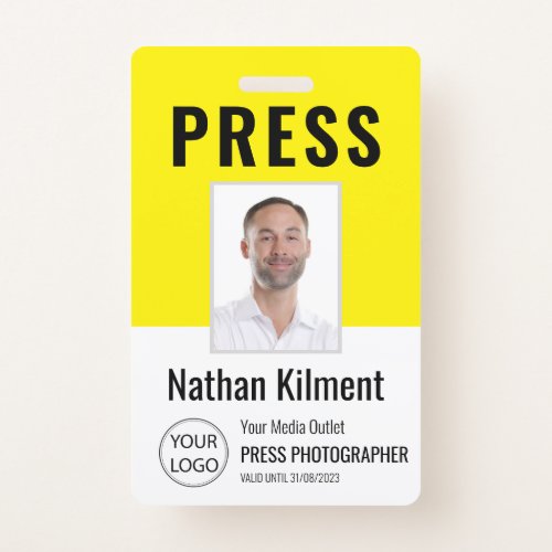 Journalist Press Pass Photo Name Logo ID Yellow Badge