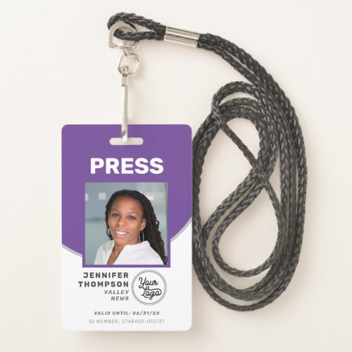 Journalist Press Pass Purple and White Photo ID Badge