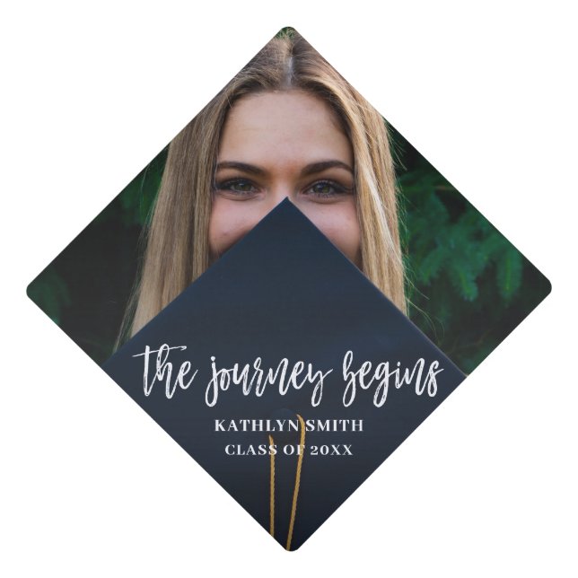 Journey Begins Calligraphy Personalized Photo Graduation Cap Topper (Front)