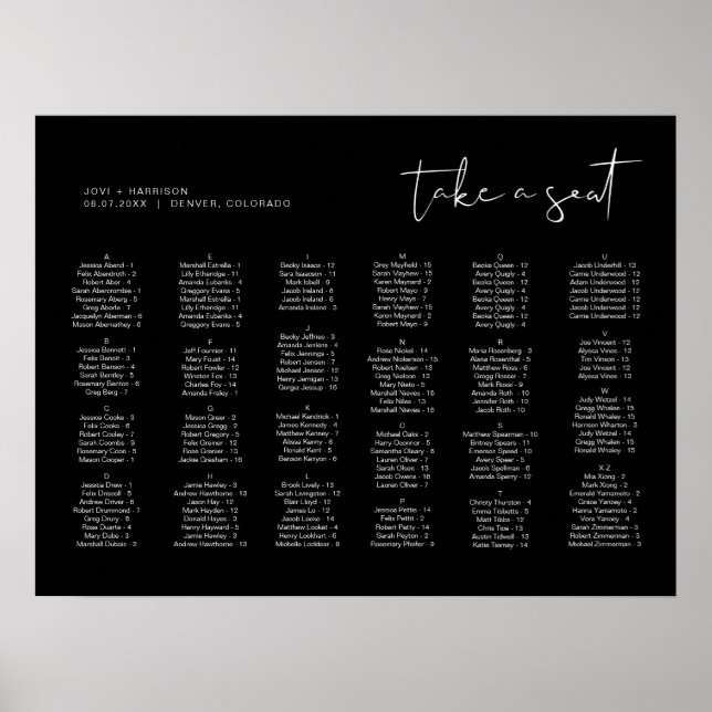 JOVI Black Alphabetical Wedding Seating Chart (Front)