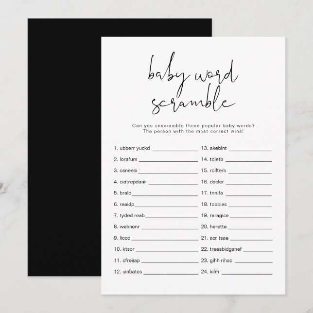 JOVI Black Modern Baby Word Scramble Game Invitati Invitation (Front/Back)