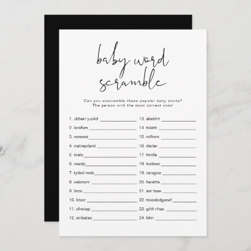 JOVI Black Modern Baby Word Scramble Game Invitati Invitation