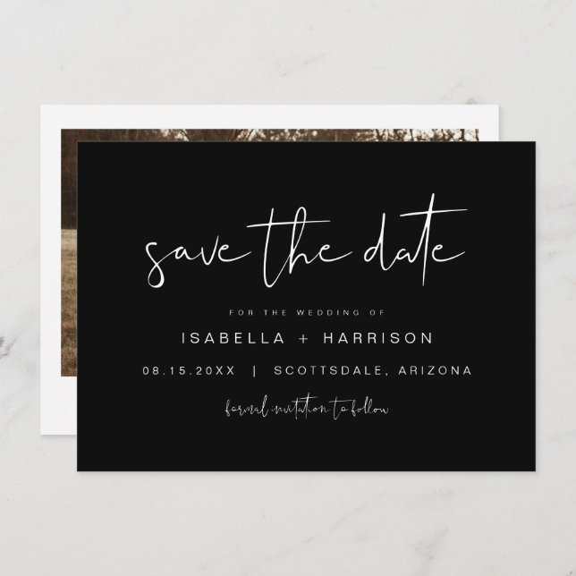  Jovi Black Modern Minimalist Photo Save the Date Invitation (Front/Back)