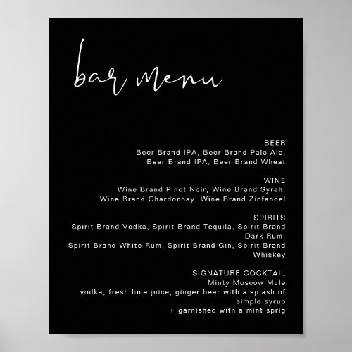 JOVI Edgy Black Minimalist Wedding Bar Menu Poster