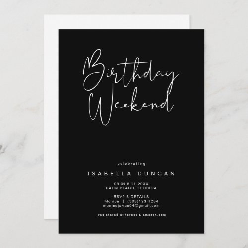 JOVI Edgy Black Modern Birthday Weekend Itinerary  Invitation