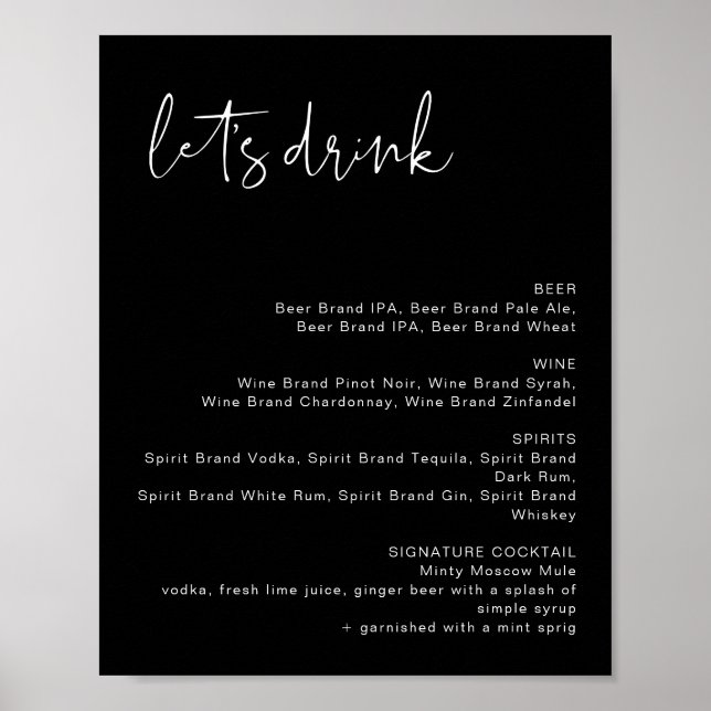 JOVI Edgy Black Modern Let's Drink Bar Menu Sign (Front)