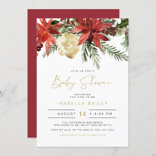 JOVI Holiday Red and Gold Poinsettia Baby Shower  Invitation