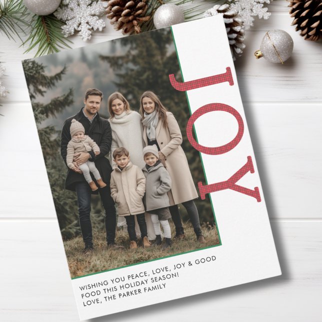 JOY! 1 Photo, White, Red, Green Classic Holiday Card (JOY! 1 Photo, White, Red, Green, Plaid Pattern, Minimal, Classic Holiday Card.)