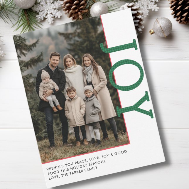 JOY! 1 Photo, White, Red, Green, Classic Holiday Card (JOY! 1 Photo, White, Red, Green, Plaid Pattern, Minimal, Classic Holiday Card.)