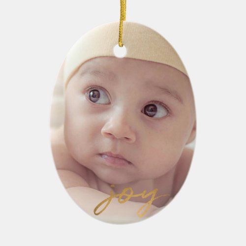 Joy 2 Photo Gold Hand Lettered Script Christmas Ceramic Ornament