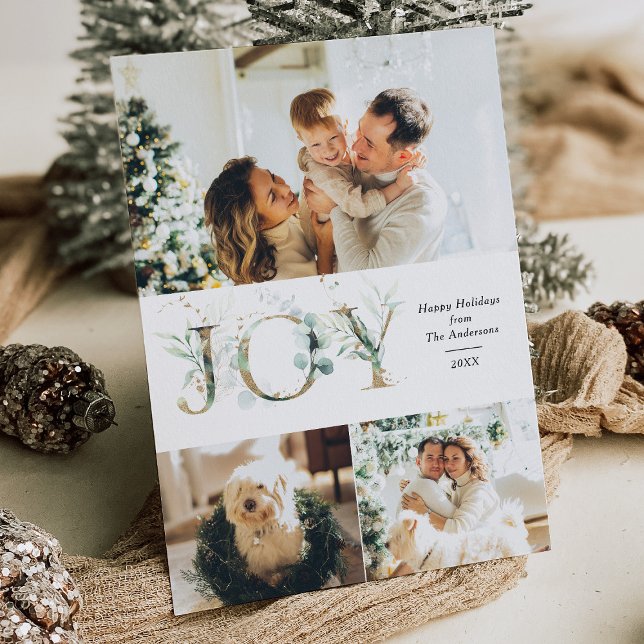 JOY 3 Photo Gold Greenery  Holiday Card (Creator Uploaded)
