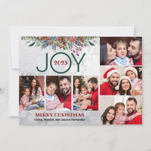 Joy 5 Photo Merry Christmas Greenery Modern Holiday Card