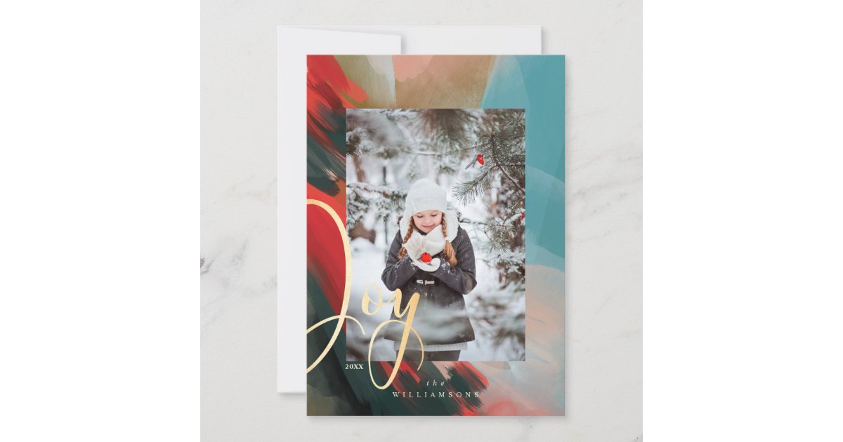 Joy Abstract Watercolor Paint Brush Stroke Photo Holiday Card