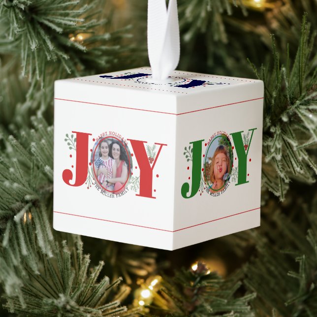 Joy and berries Happy Holidays Christmas photo  Cube Ornament (Tree)
