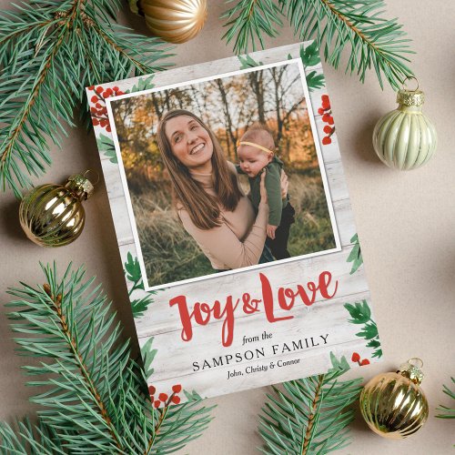 Joy and Love Rustic Botanical Holiday Photo Card