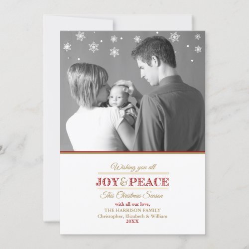 Joy and Peace Photo Greeting Holiday Card - Upload your own family photo in place of the sampler and edit the text for a wonderfully unique Christmas greeting this year. 
