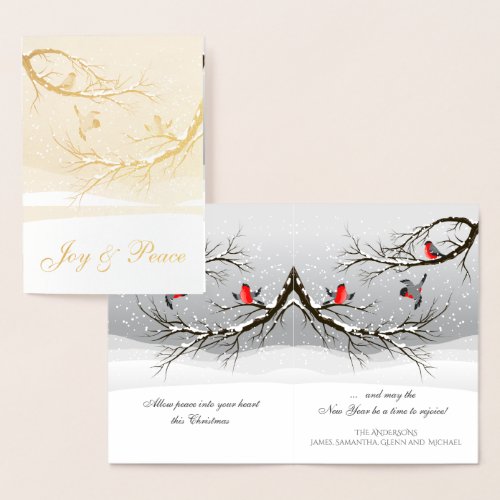 Joy and Peace Red Christmas Birds in Snowy Tree Foil Card