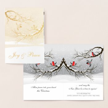 Joy and Peace Red Christmas Birds in Snowy Tree Foil Card 