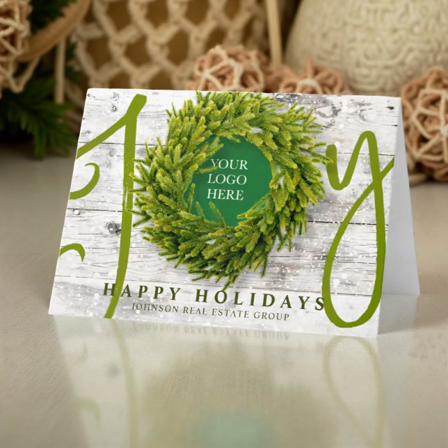 Joy and Pine with Logo Modern Rustic Business Holiday Card (Creator Uploaded)