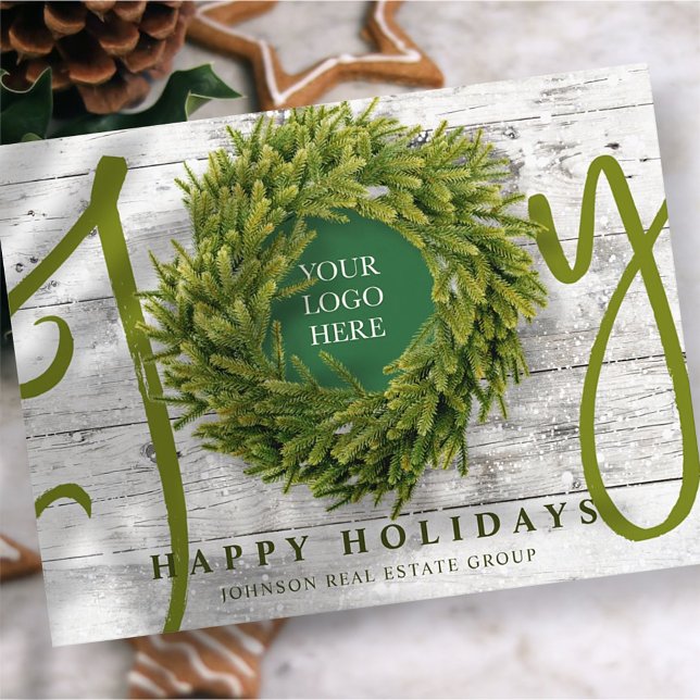 Joy and Pine with Logo Modern Rustic Business Holiday Postcard (Creator Uploaded)