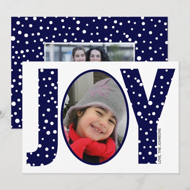 Joy and snow navy blue minimal Christmas photo Holiday Card (Front/Back)