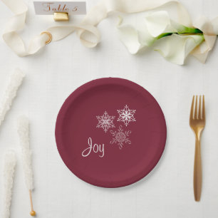 Joy and Three Snowflakes Minimal Red and White Paper Plates