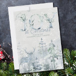 Joy at Christmas Snowy Winter Forest and Stag Holiday Card<br><div class="desc">Joy at Christmas,  personalized watercolor holiday card with snowy winter forest and stag in soft shades of blue and green. Wording reads "wishing you joy at Christmas" and you can personalize the remaining text. Subtle and elegant watercolor design with decorative typography.</div>