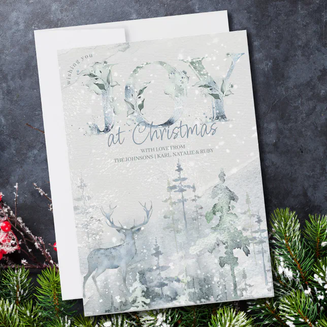 Joy at Christmas Snowy Winter Forest and Stag Holiday Card | Zazzle