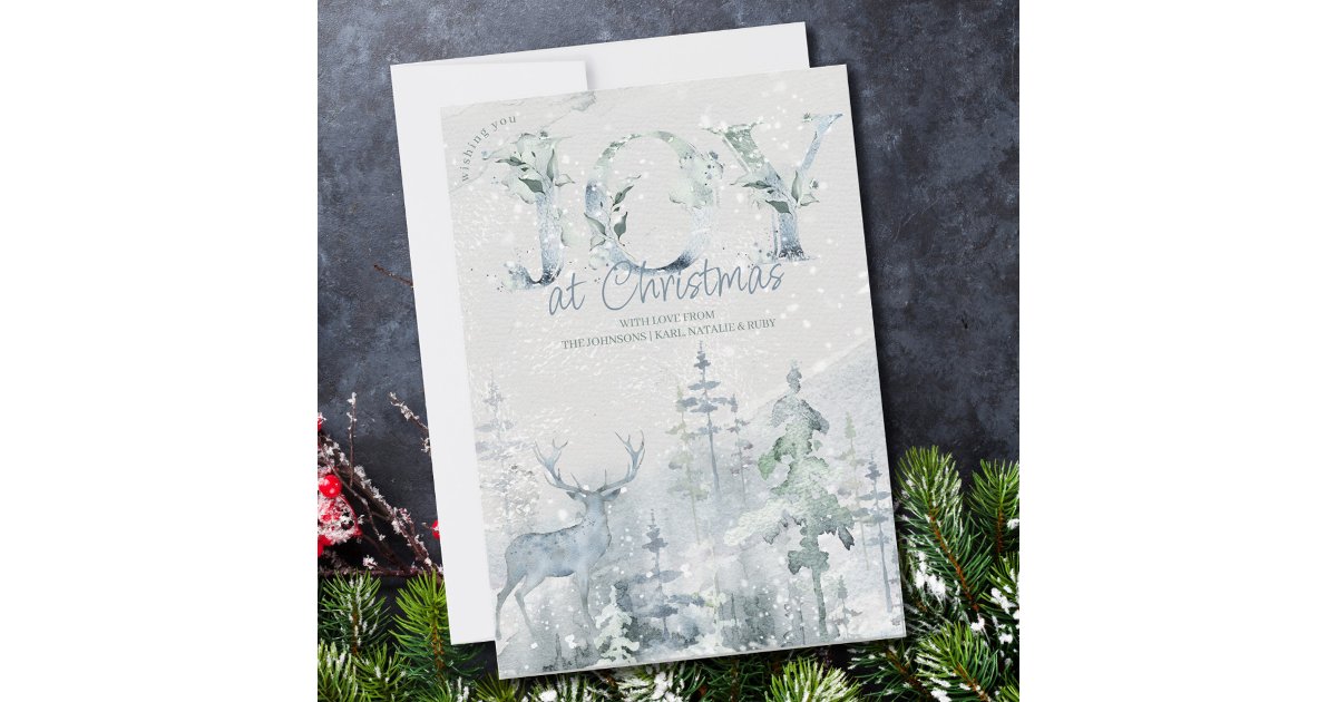 Joy at Christmas Snowy Winter Forest and Stag Holiday Card | Zazzle