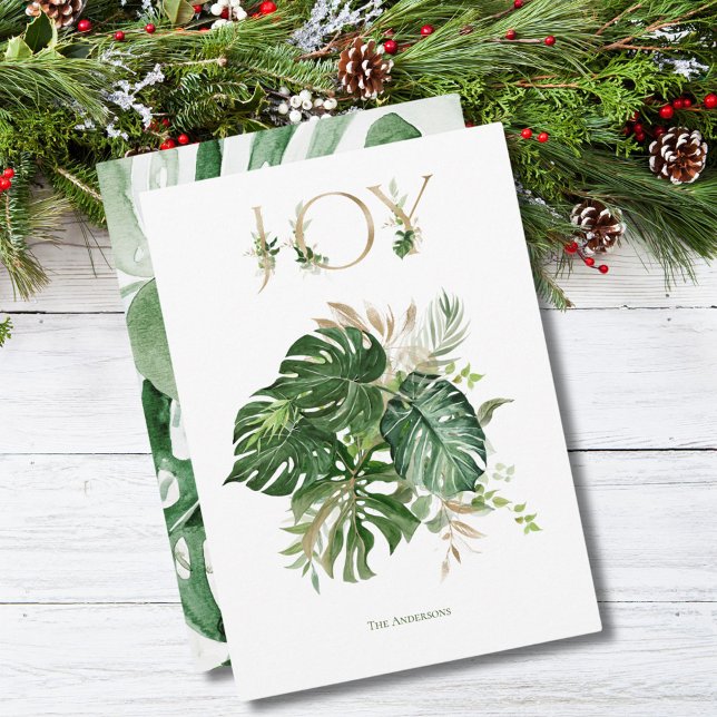 Joy At Christmas Tropical Green Palm Leaves Holiday Card (Creator Uploaded)