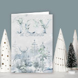 Joy at Christmas Watercolor Winter Woodland Holiday Card<br><div class="desc">Joy at Christmas,  personalized watercolor holiday card with snowy winter forest and stag in soft shades of blue and green. Wording reads "wishing you joy at Christmas" and you can personalize the greeting inside. Subtle and elegant watercolor design with decorative typography.</div>