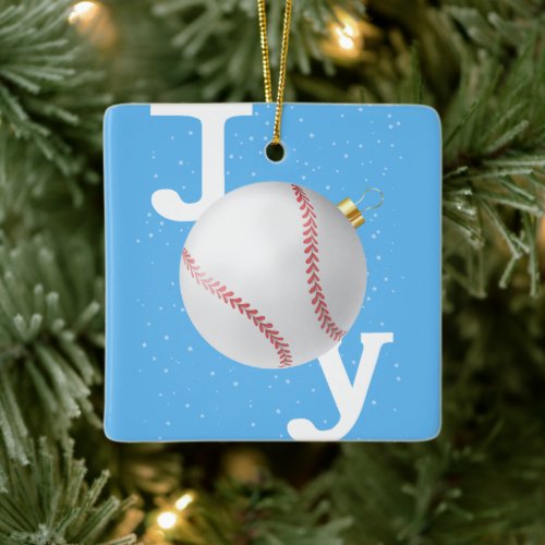 Joy bauble baseball sky blue Christmas Holiday Ceramic Ornament